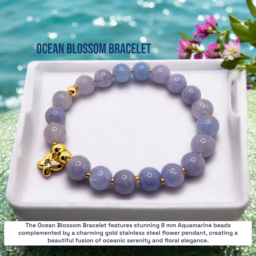 8 mm Aquamarine Gold Flower charm bracelet